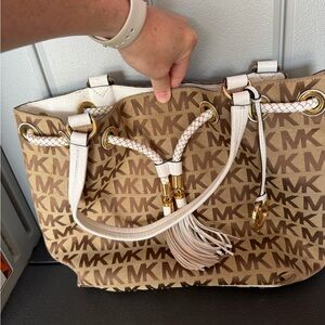 Michael Kors Tan Beige MK Logo Drawstring Tote with White Trim